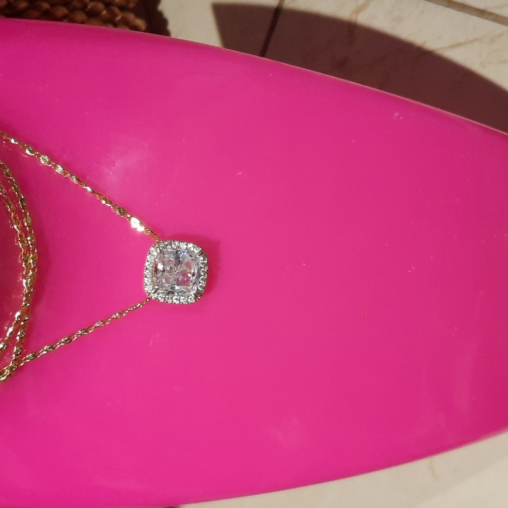 AUTHENTIC GENUINE SOLID 14K YELLOW DIAMONELLE CZ GOLD HALO Princess Cut Pendant